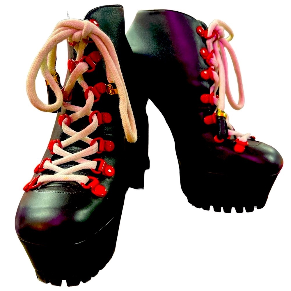 Women’s Black Platform Lace-Up High Heel Boot with Red Accents